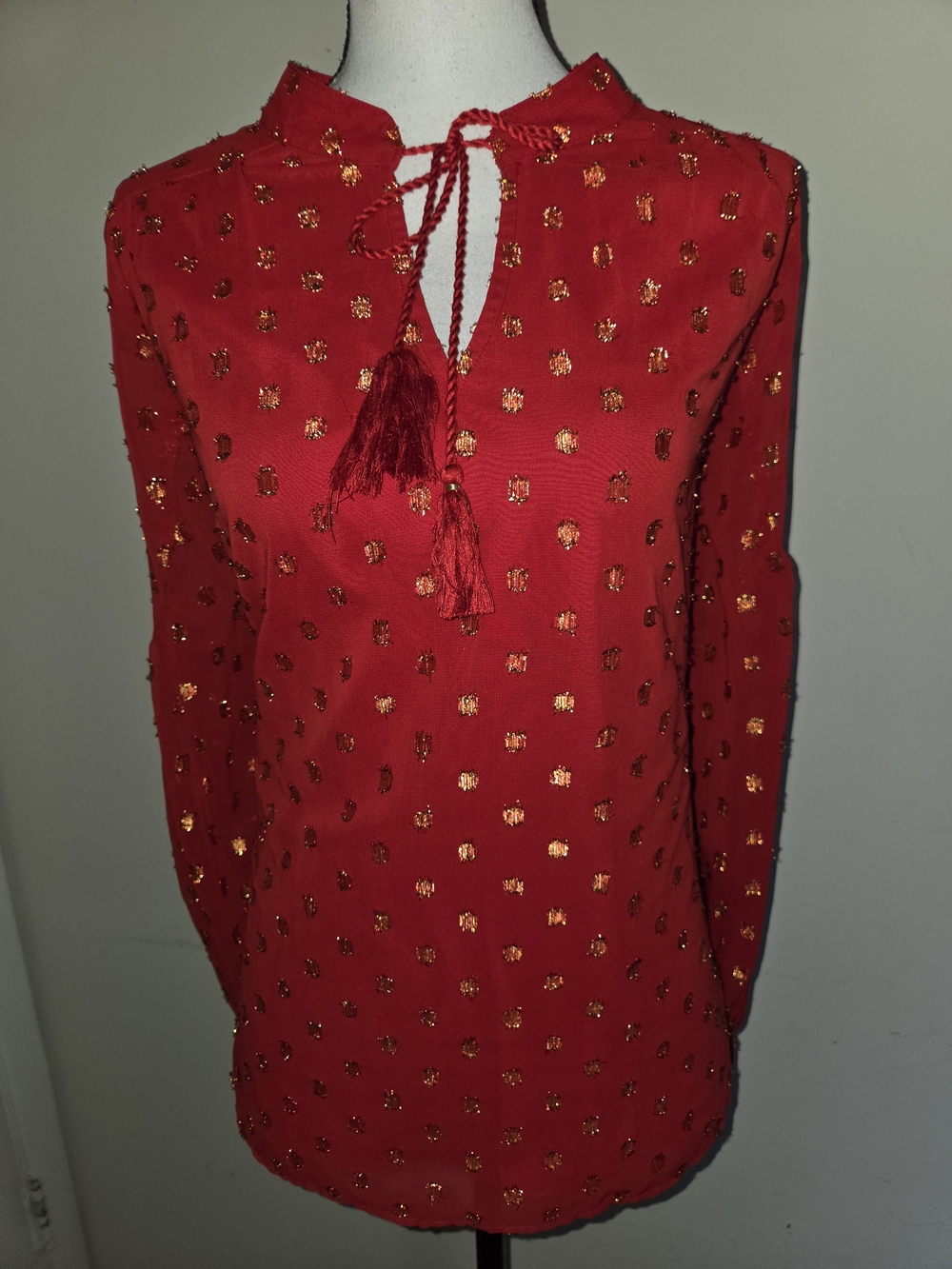 crown & ivy Red Long-Sleeve Tassel Tie Dress with Gold Dot Accents